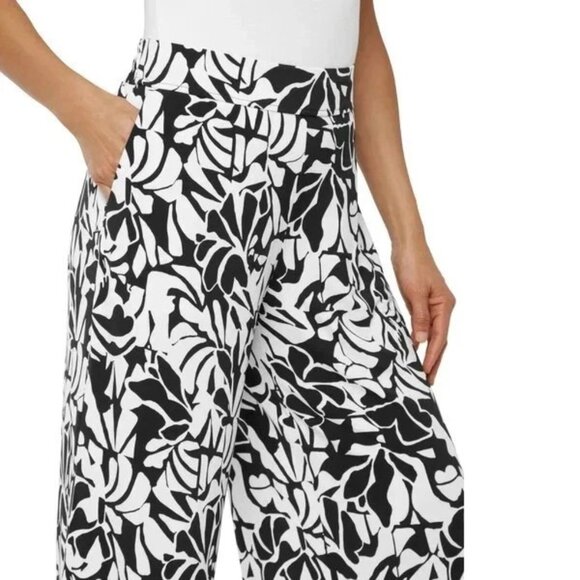 NWO Three Dots Loose-Fit Black & White Leaf Print Flare Leg Pants XL Polyester - Picture 4 of 11